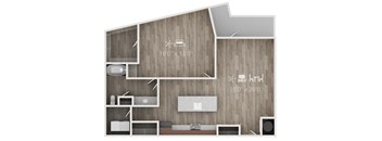 A floor plan of a house with a living room, kitchen, and two bedrooms.