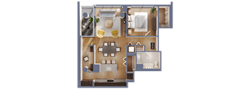 A top-down view of a house layout with a kitchen, living room, and bedrooms.