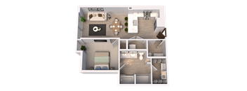 A top-down view of a two-bedroom apartment with a living room, kitchen, and bathroom.