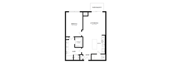 A floor plan of a home with a living room, dining room, kitchen, and bathroom.