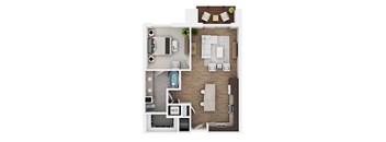 A top-down view of a house layout with a kitchen, living room, dining room, and bathroom.