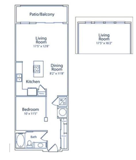 A floor plan of a small apartment with a living room, dining room, kitchen, bedroom, and bathroom.