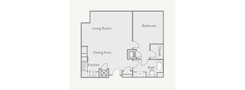 A floor plan of a small apartment with a living room, dining area, kitchen, bedroom, and bathroom.