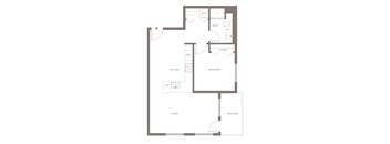A floor plan of a home with a living room, kitchen, bathroom, bedroom, and balcony.