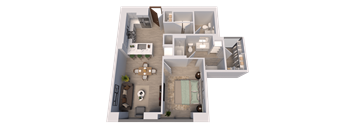 A 3D floor plan of a house with a living room, dining room, kitchen, and bedrooms.