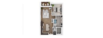 A floor plan of a small apartment with a kitchen, living room, and bathroom.