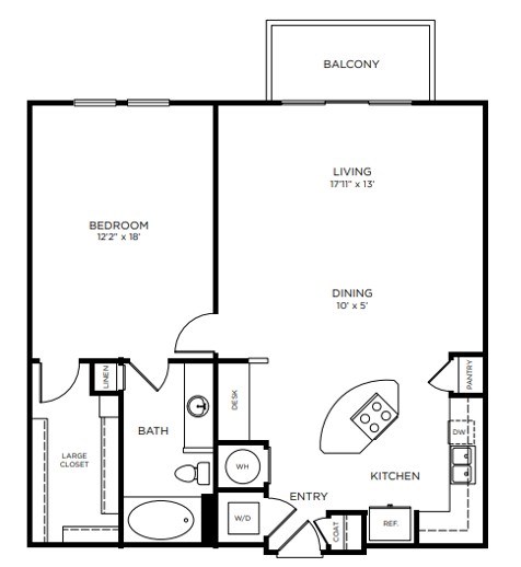 A black and white image of a house floor plan with a balcony, bedroom, living room, dining room, bathroom, kitchen, and large closet.