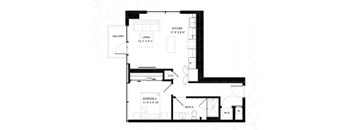 A black and white floor plan of a house with a living room, kitchen, bedroom, bathroom, and closet.