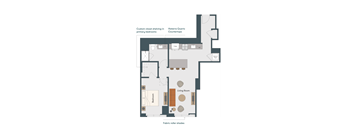 A floor plan of a room with a living room, two bedrooms, a kitchen, and a dining area.