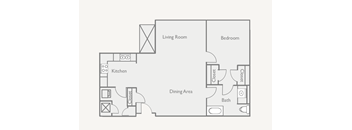 A floor plan of a small apartment with a kitchen, living room, dining area, bedroom, and bathroom.