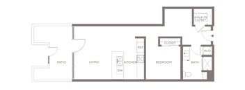 A floor plan of a house with a living room, kitchen, bedroom, bathroom, and closet.