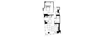 A floor plan of a house with a bedroom, a kitchen, a living/dining area, and a bathroom.