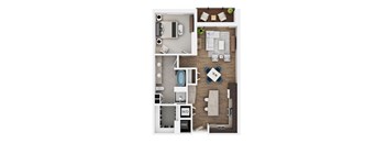 A floor plan of a house with a kitchen, living room, and bathroom.