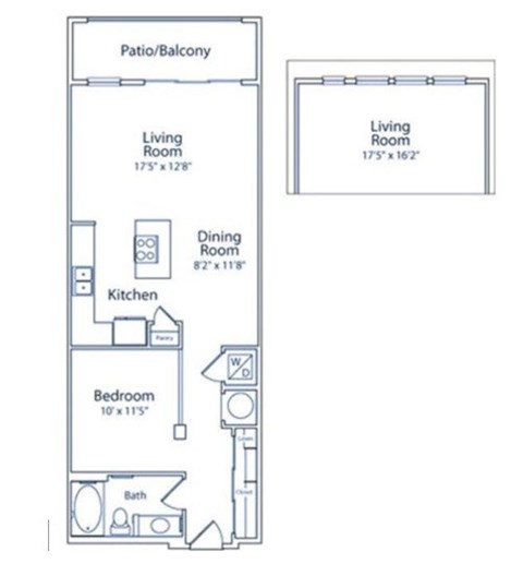 A floor plan of a small apartment with a living room, dining room, kitchen, and bedroom.