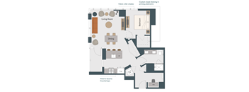 A floor plan of a home showing the layout of the living room, dining room, kitchen, and bedrooms.