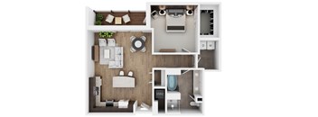 A top-down view of a small apartment layout with a kitchen, living room, and bathroom.