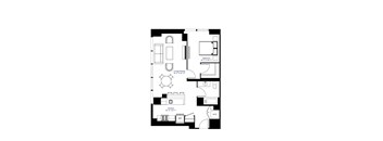 A floor plan of a small apartment with a kitchen, living room, and bedroom.