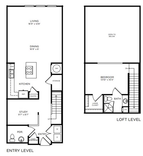 A black and white floor plan of an apartment with two bedrooms and a study.