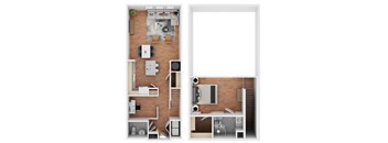 A floor plan of a two-story apartment with a living room, kitchen, and bedrooms.