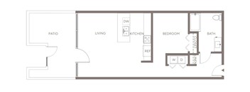 A floor plan of a house with a living room, kitchen, bedroom, bathroom, and patio.