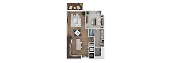 A top-down view of a room with a kitchen, living room, and bathroom.