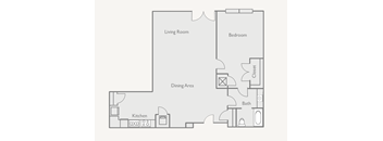 A floor plan of a small apartment with a kitchen, dining area, living room, and bedroom.