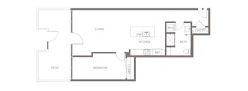 A floor plan of a house with a living room, kitchen, bathroom, bedroom, and patio.