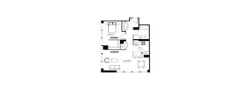 A black and white image of a floor plan for a small apartment.