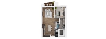 A floor plan of a small apartment with a kitchen, living room, and bathroom.