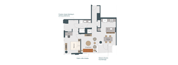 A floor plan of a room with a living room, dining area, kitchen, and two bathrooms.