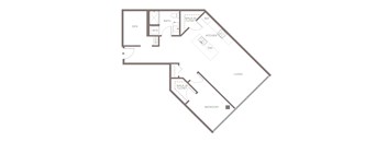 A floor plan of a house with a living room, bedroom, kitchen, and bathroom.