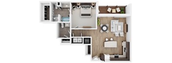 A top-down view of a modern bathroom and living room layout.