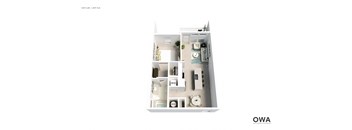 A white floor plan of a small apartment with a kitchen, living room, and bathroom.