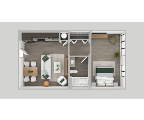 A top-down view of a small, neatly organized apartment with a bedroom, living room, and kitchen area.