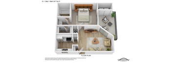 A floor plan of a one bedroom apartment with a bathroom and a living room.