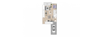 A floor plan of a house with a garage and a car.