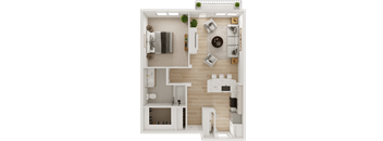 A 3D floor plan of a small apartment with a kitchen, living room, and bathroom.
