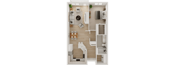 A top-down view of a small apartment with a kitchen, living room, and bathroom.