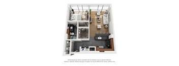 a stylized floor plan of a 1 bedroom apartment