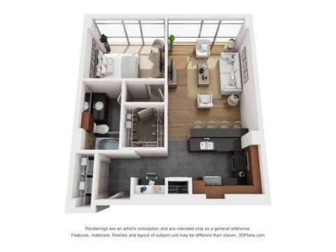 a stylized floor plan of a 1 bedroom apartment