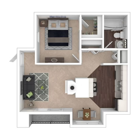 From the entry door at the bottom center, the kitchen with island is directly ahead, with the dining nook beside it. To the left of the kitchen is the living room with access to the private balcony. Moving up from the living room is the bedroom with an attached walk-in closet. The bathroom is located to the right of the bedroom, accessible through a short hallway off the kitchen.