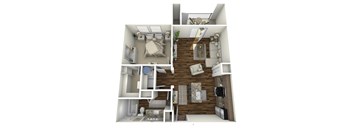 A 3D rendered image of a modern apartment layout.