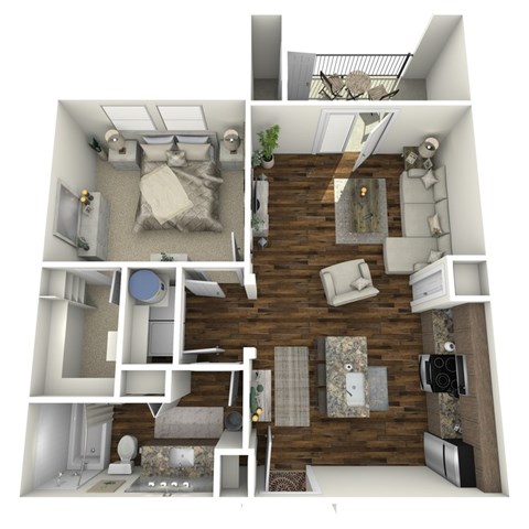 A 3D rendered image of a modern apartment layout.