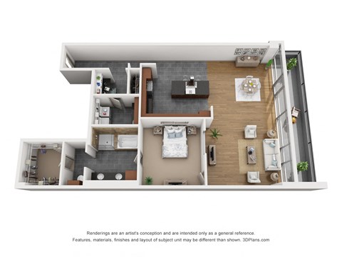 a stylized 3d floor plan with a bedroom and a living room