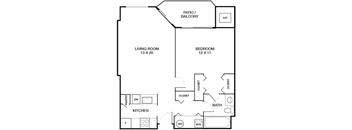 A floor plan of a house with a living room, bedroom, kitchen, and bathroom.