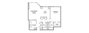 A floor plan of a home with a living/dining room, den, and two bedrooms.
