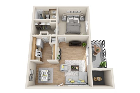 a stylized floor plan with a bedroom and a living room