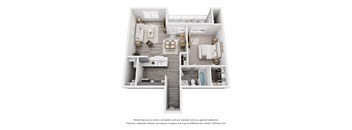 A 3D floor plan of a house with a kitchen, living room, dining room, and bathrooms.