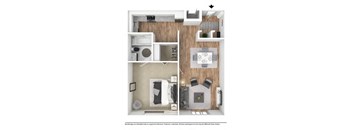 A floor plan of a small apartment with a kitchen, living room, and bathroom.