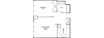 A black and white image of a floor plan for a small apartment.